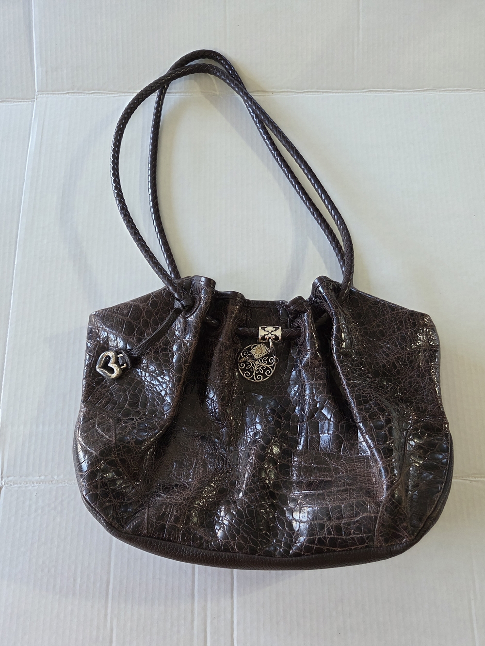 Brown Croc-Embossed Shoulder Tote Bag